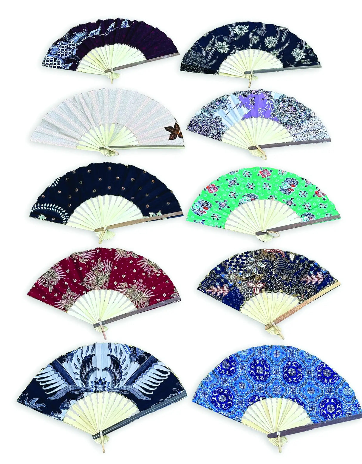BALI BATIK FABRIC FOLDING FANS 30CM (PACK OF 10 MIXED COLOURS)