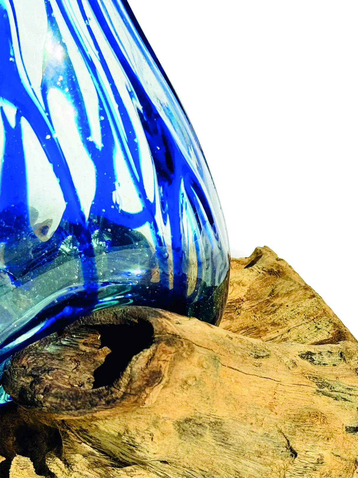 DRIFTWOOD WITH LAYERED BLUE CRINKLE MOLTEN GLASS VASE 25CM