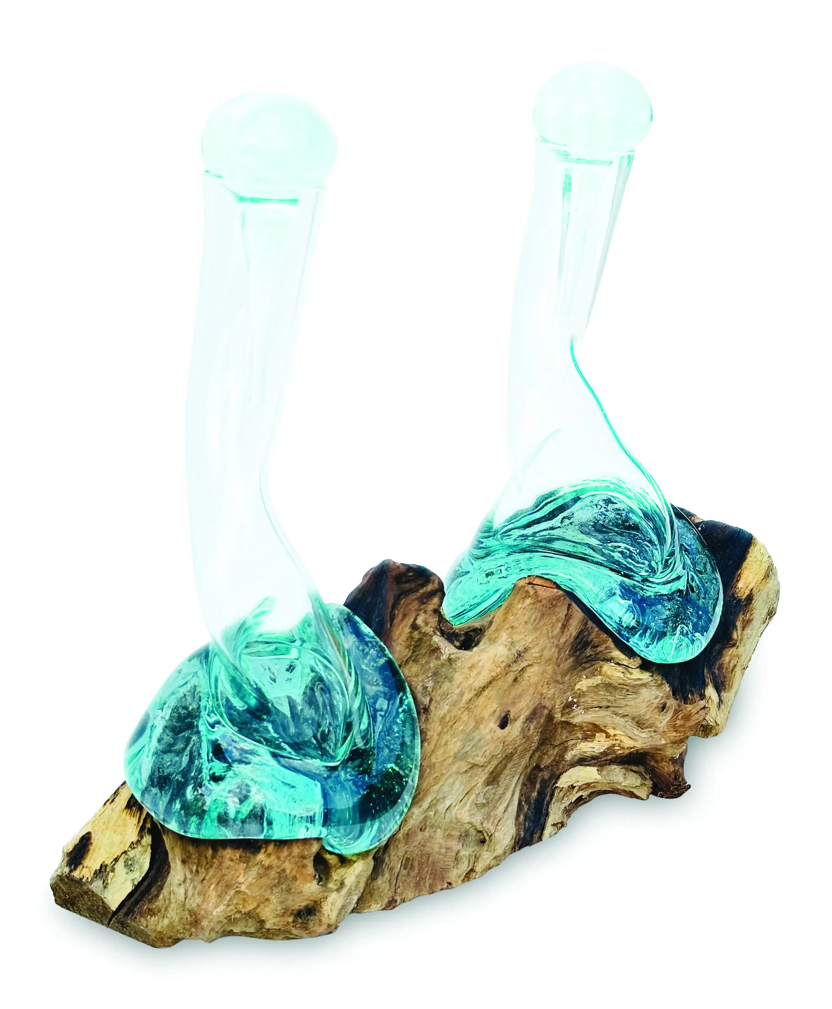 MOLTEN GLASS OIL & VINEGAR BOTTLES ON ROOT SCULPTURE