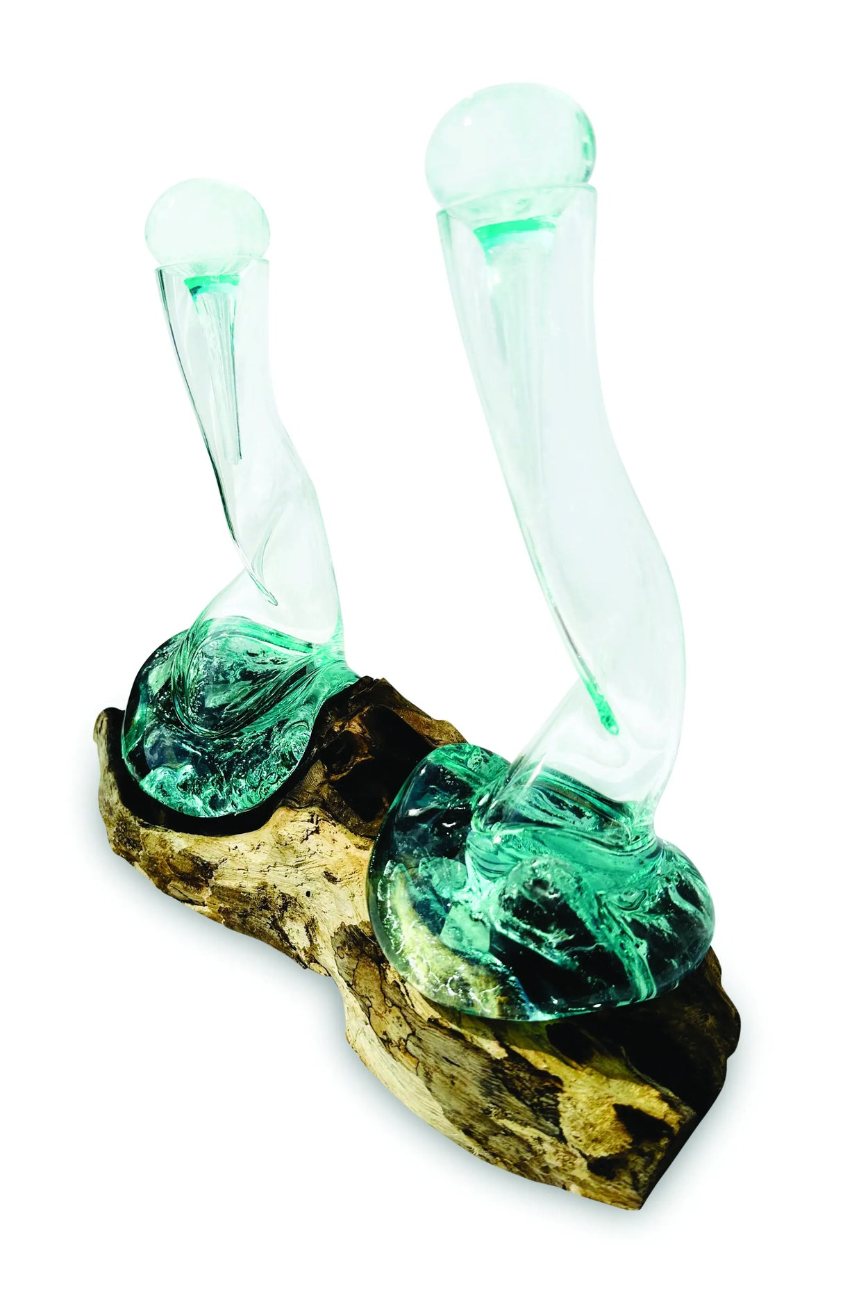 MOLTEN GLASS OIL & VINEGAR BOTTLES ON ROOT SCULPTURE