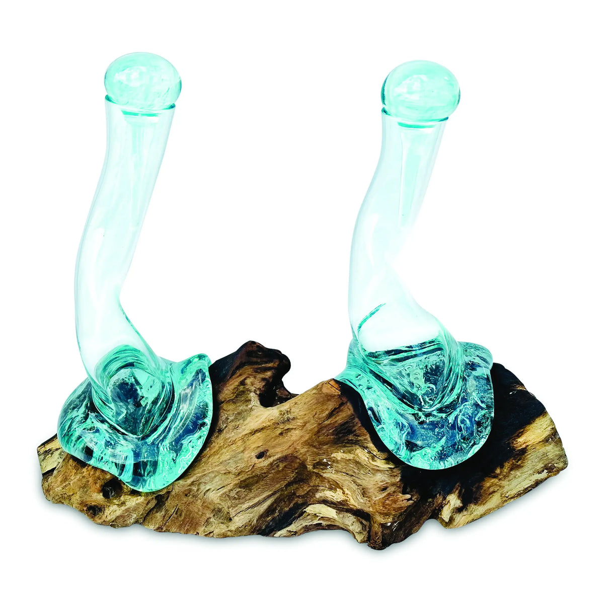 MOLTEN GLASS OIL & VINEGAR BOTTLES ON ROOT SCULPTURE