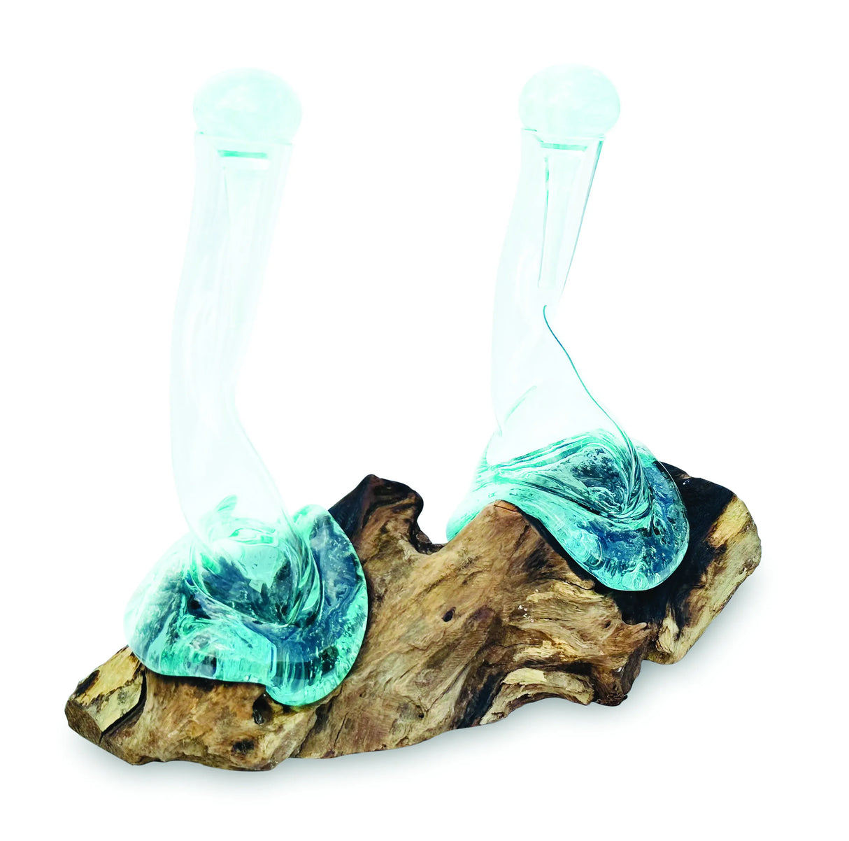 MOLTEN GLASS OIL & VINEGAR BOTTLES ON ROOT SCULPTURE