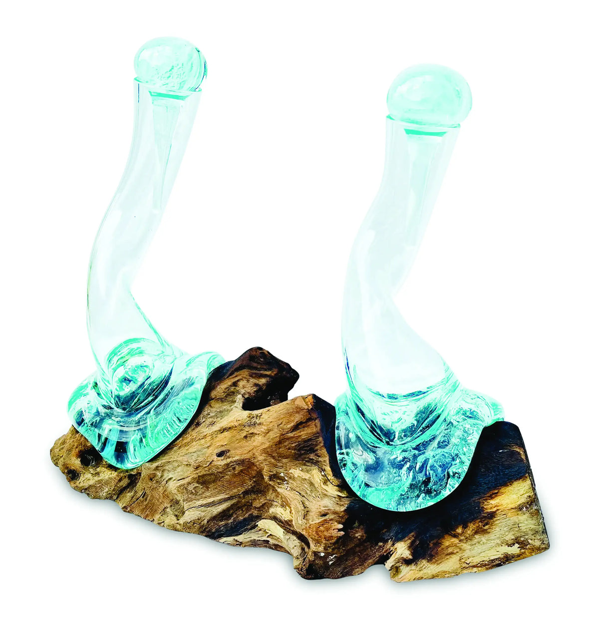 MOLTEN GLASS OIL & VINEGAR BOTTLES ON ROOT SCULPTURE