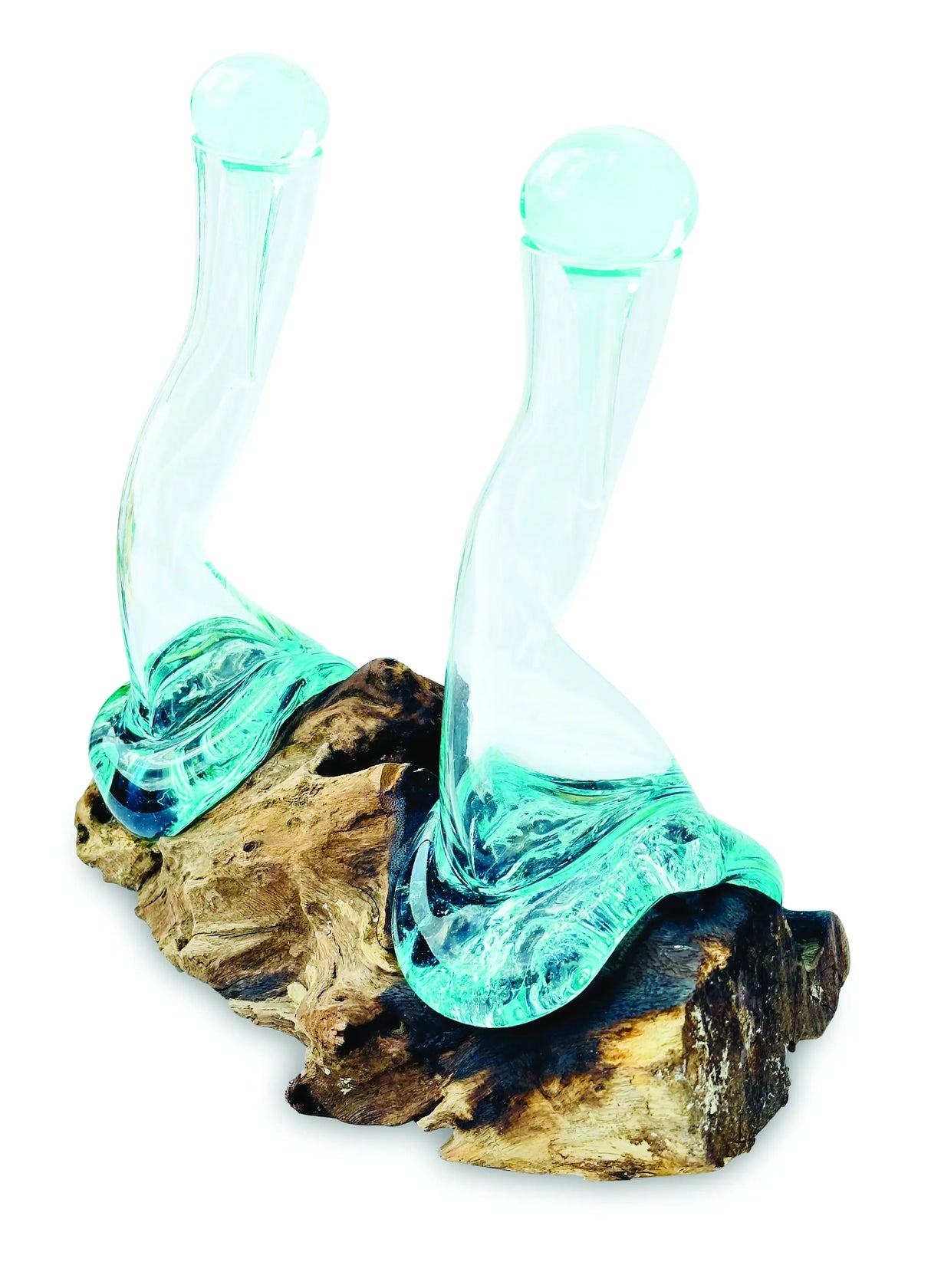 MOLTEN GLASS OIL & VINEGAR BOTTLES ON ROOT SCULPTURE