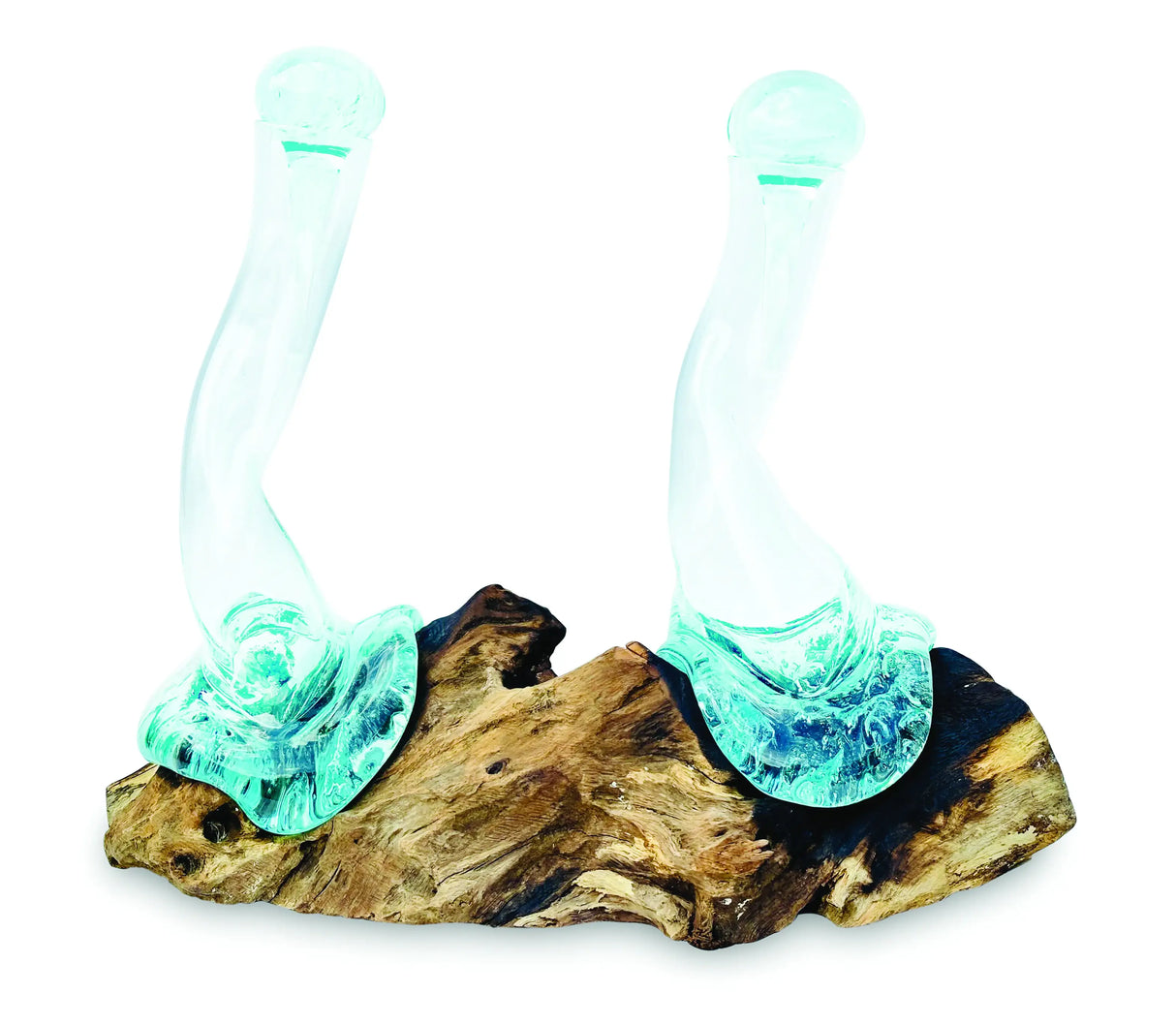 MOLTEN GLASS OIL & VINEGAR BOTTLES ON ROOT SCULPTURE