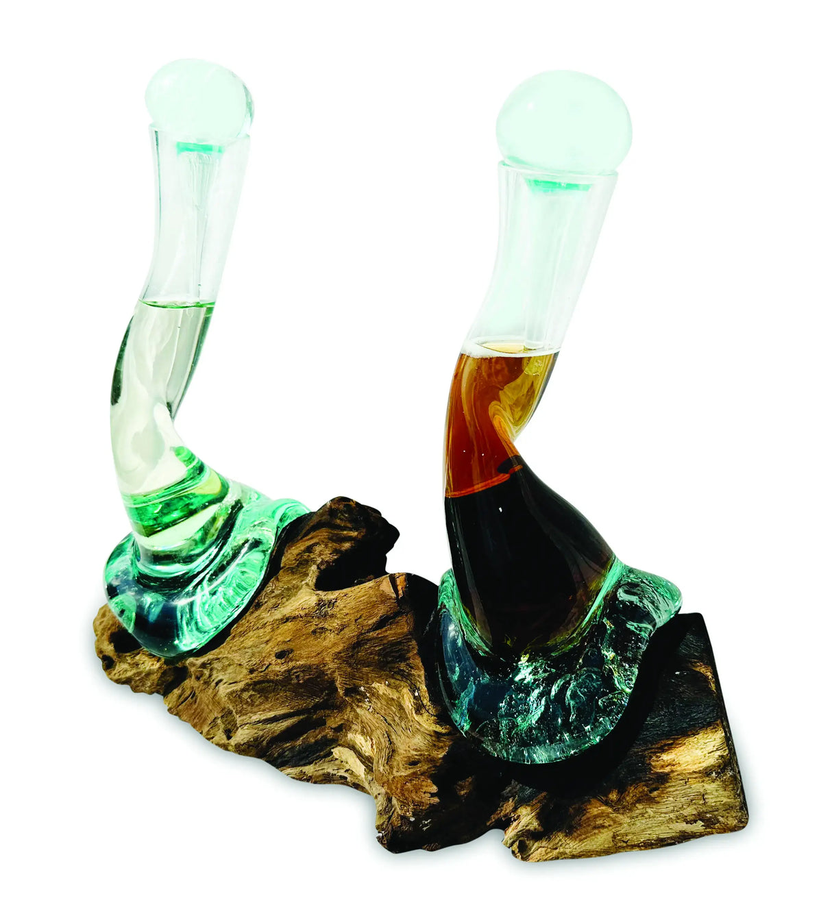 MOLTEN GLASS OIL & VINEGAR BOTTLES ON ROOT SCULPTURE