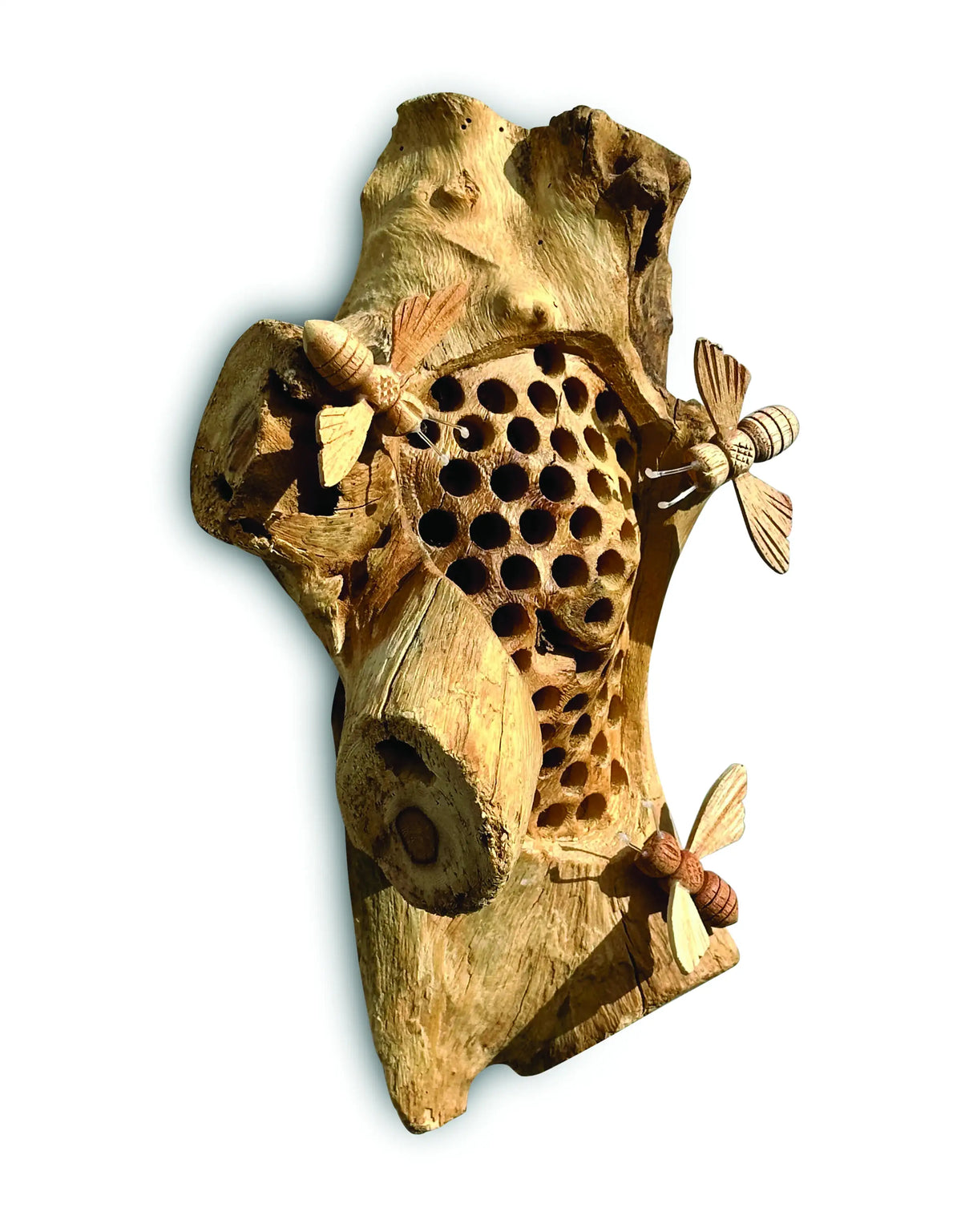 WALL HANGING BEEHIVE SCULPTURE WITH 3 BEES