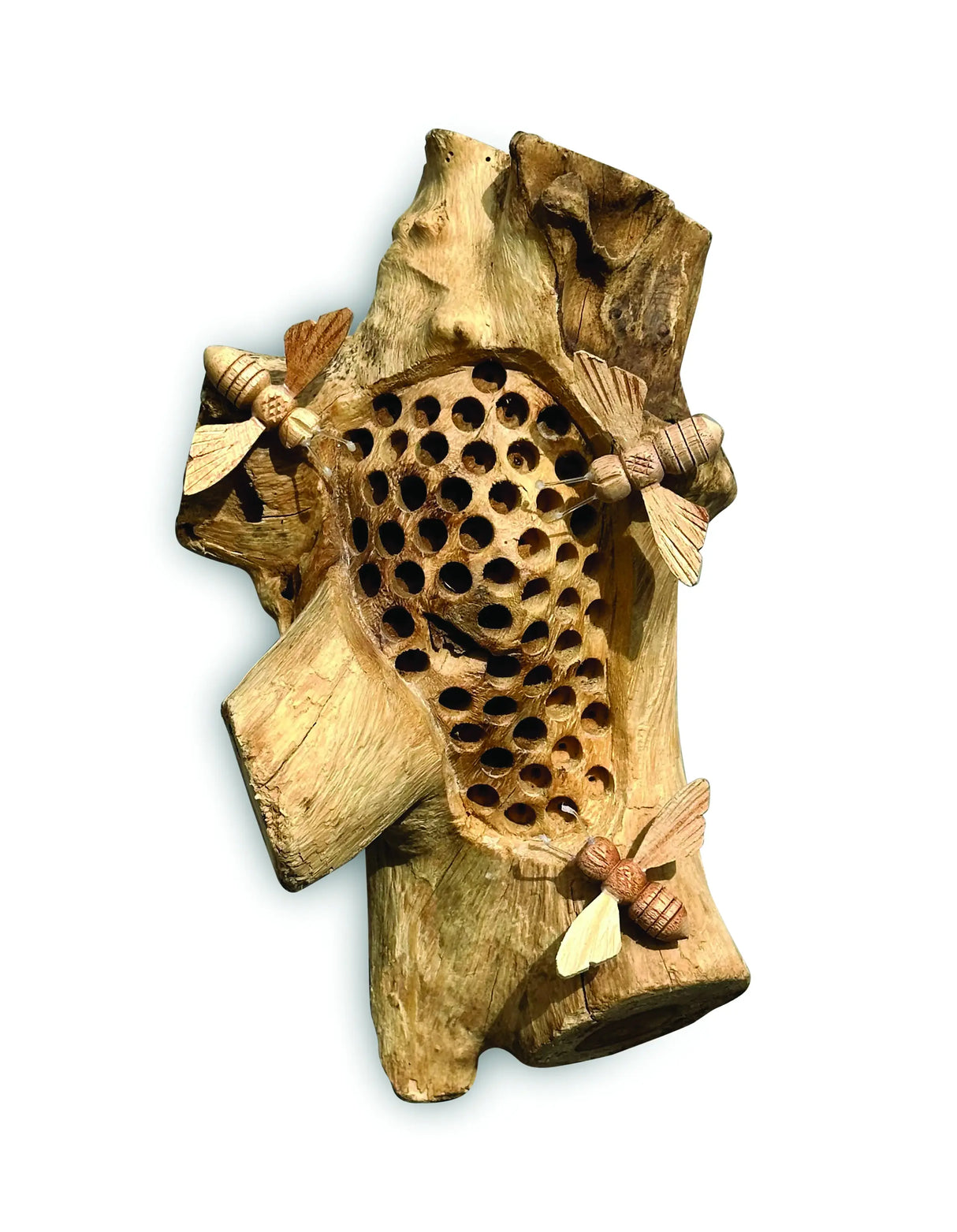 WALL HANGING BEEHIVE SCULPTURE WITH 3 BEES