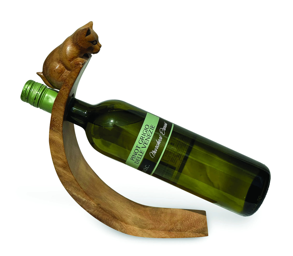 CAT HAND CARVED WOODEN BALANCE WINE BOTTLE HOLDER