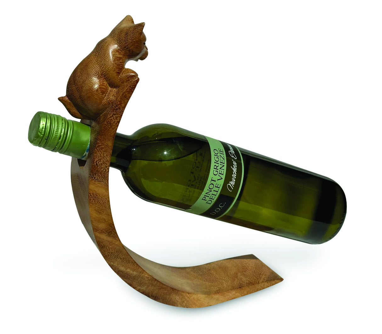 CAT HAND CARVED WOODEN BALANCE WINE BOTTLE HOLDER
