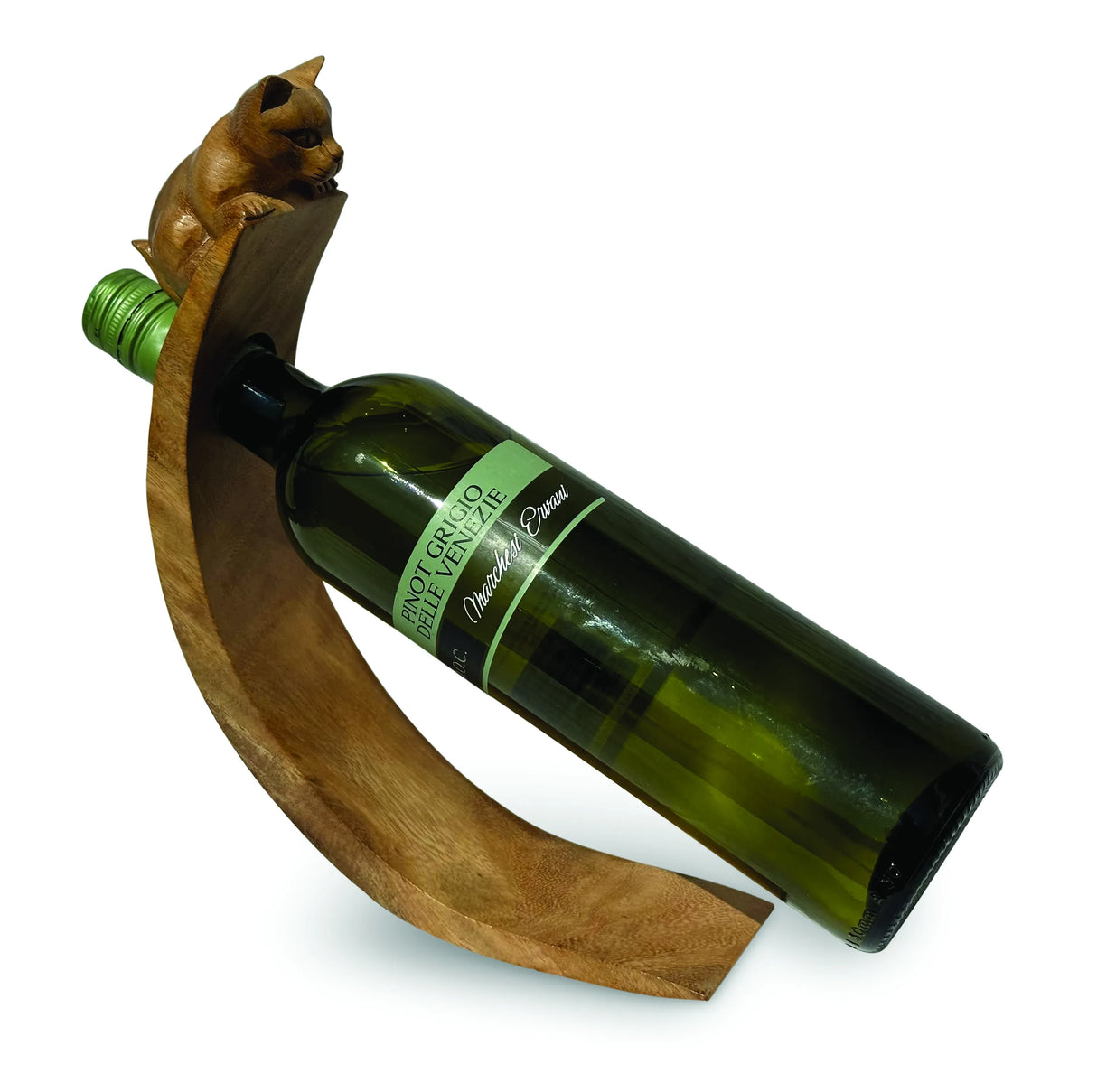 CAT HAND CARVED WOODEN BALANCE WINE BOTTLE HOLDER