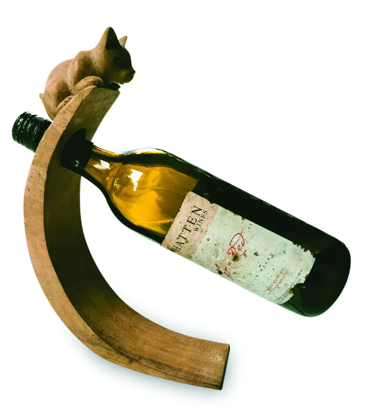 CAT HAND CARVED WOODEN BALANCE WINE BOTTLE HOLDER