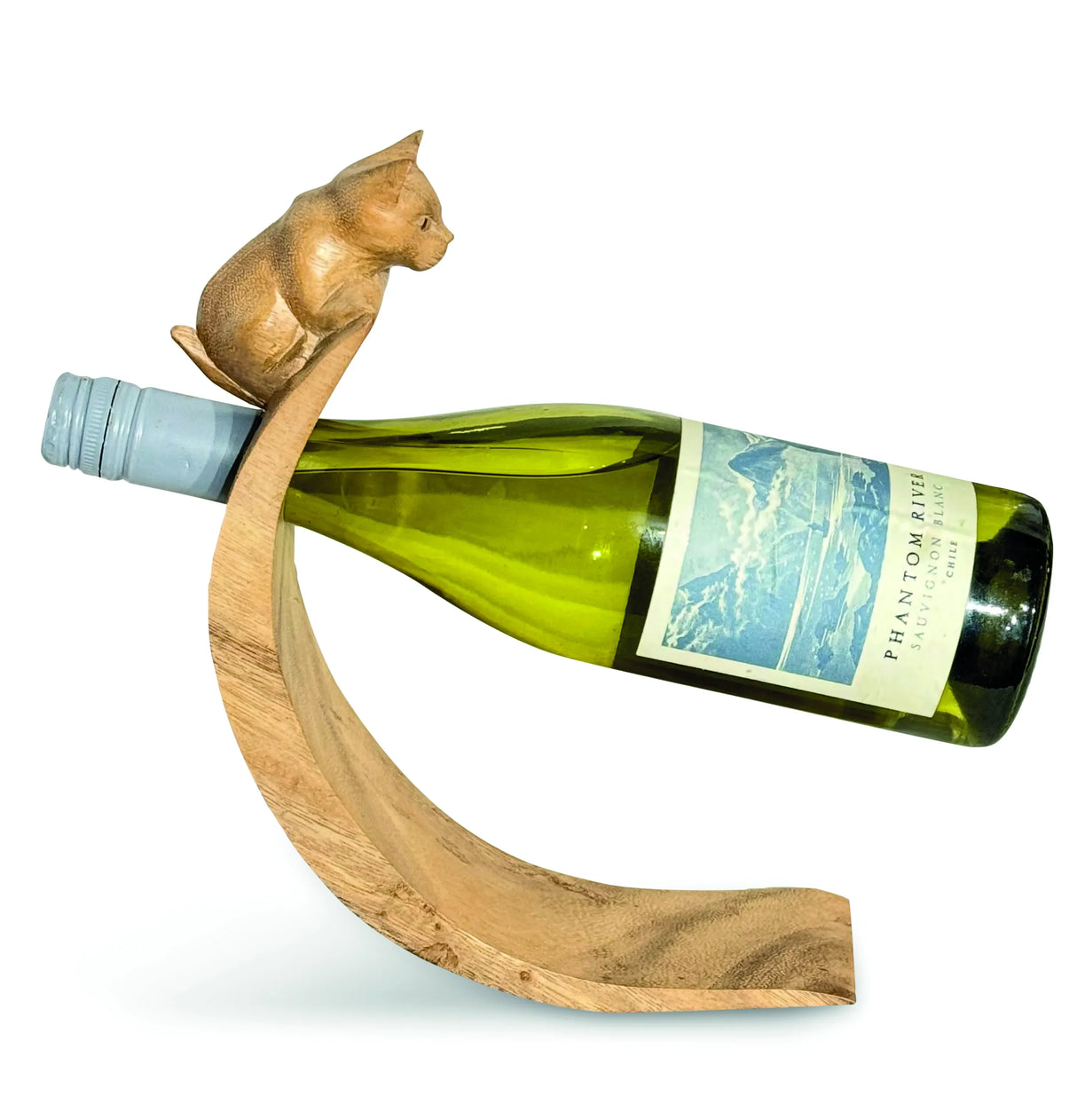CAT HAND CARVED WOODEN BALANCE WINE BOTTLE HOLDER