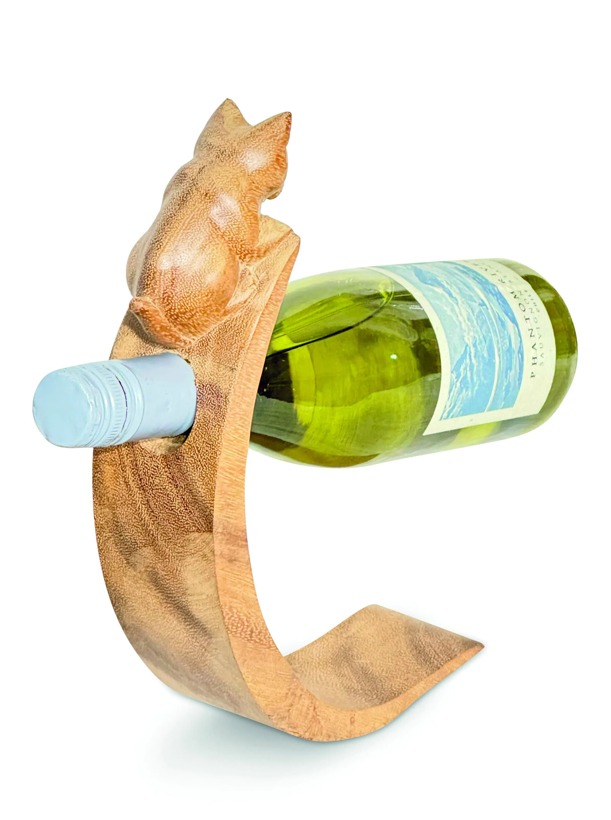 CAT HAND CARVED WOODEN BALANCE WINE BOTTLE HOLDER