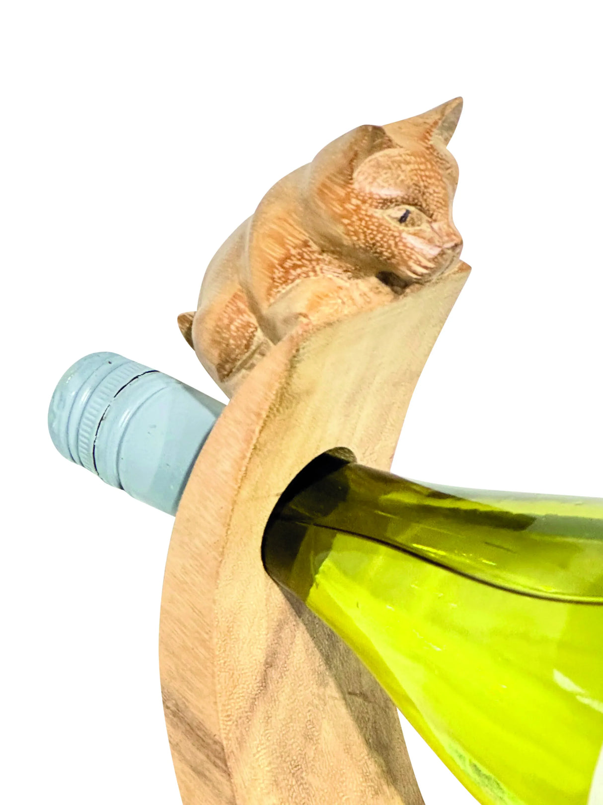 CAT HAND CARVED WOODEN BALANCE WINE BOTTLE HOLDER