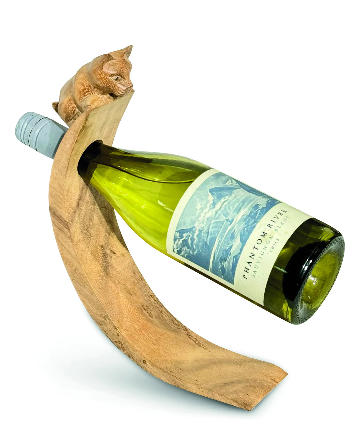 CAT HAND CARVED WOODEN BALANCE WINE BOTTLE HOLDER