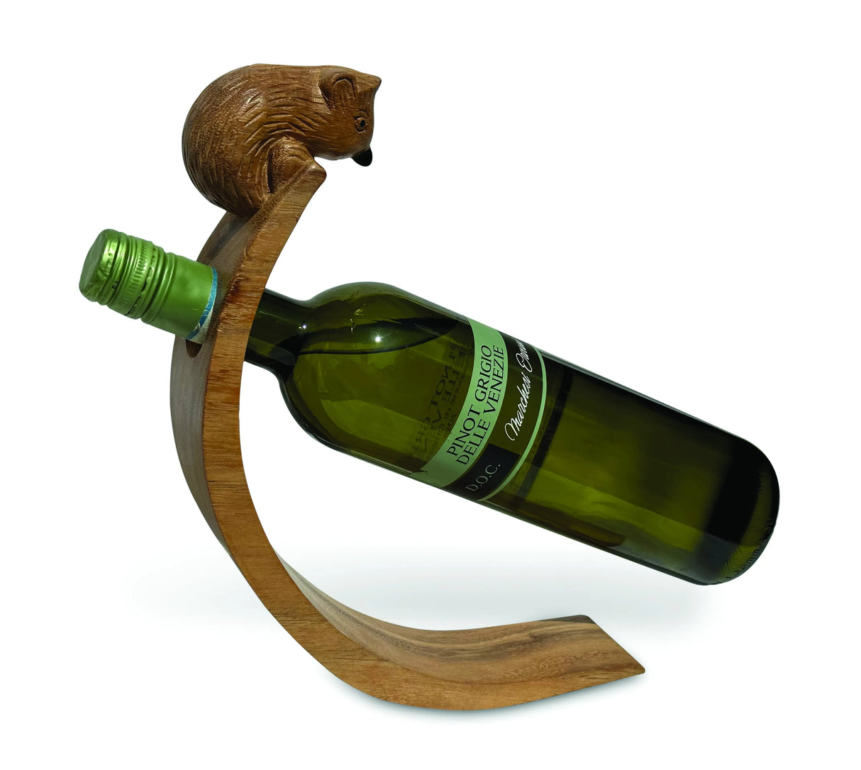 HEDGEHOG HAND CARVED WOODEN BALANCE WINE BOTTLE HOLDER
