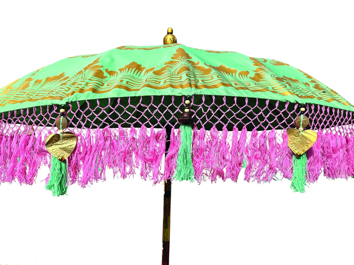 BALI SUN PARASOL MINT GREEN WITH PINK CANDY FRINGE 2M (WITH POLE JOINT)