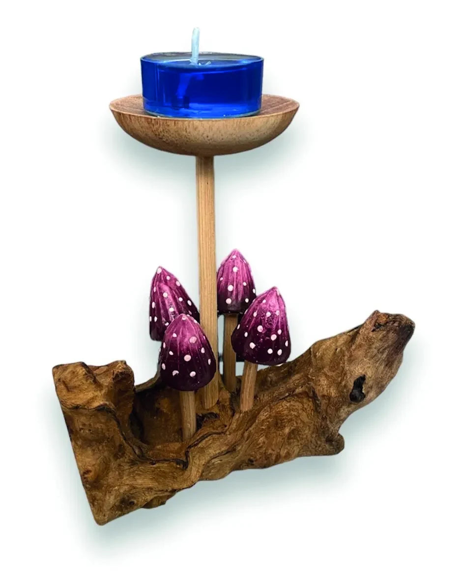 4 VIOLET POINTED CAP MUSHROOMS WITH SINGLE CANDLE HOLDER