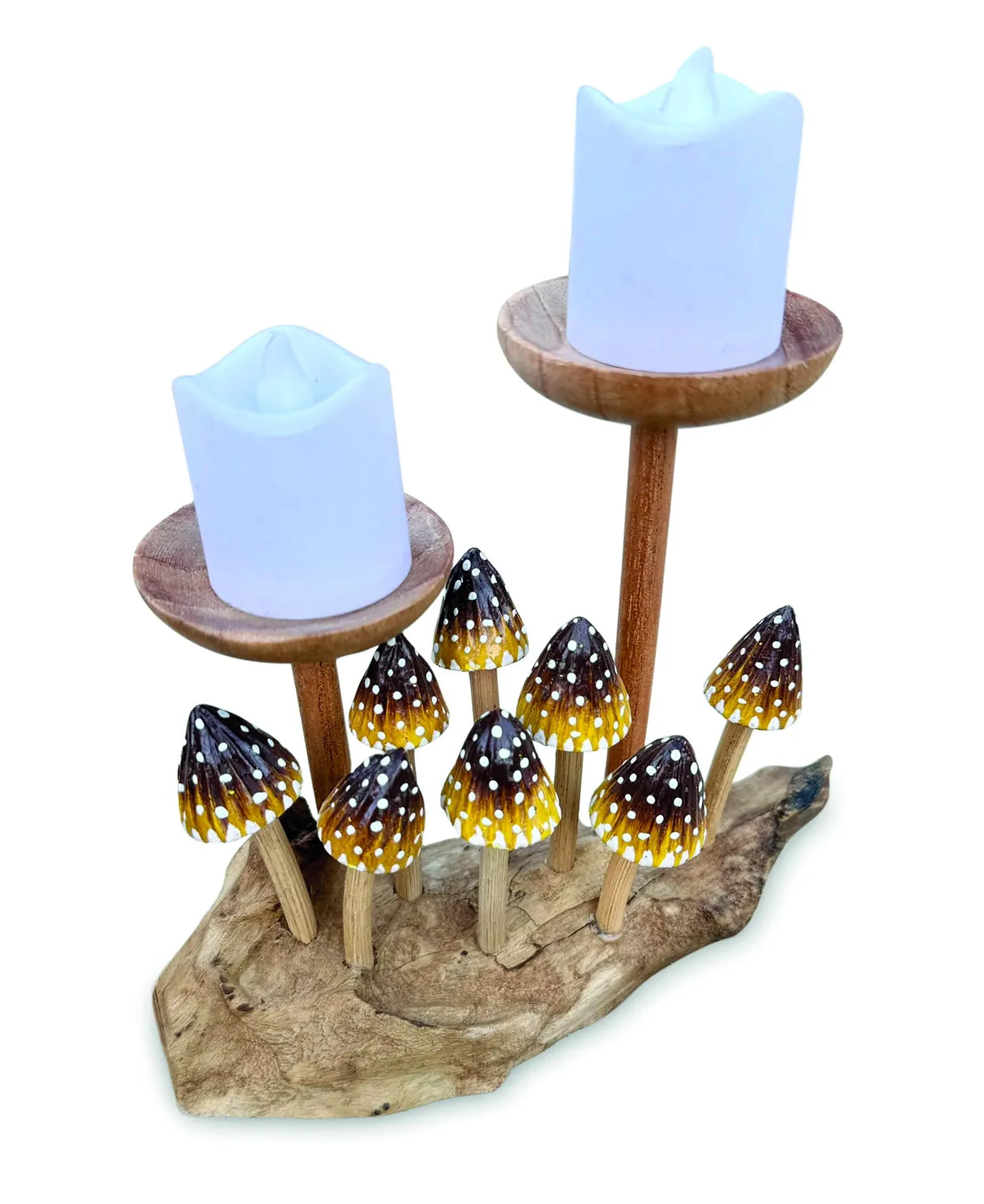 8 POINTED YELLOW CAP MUSHROOMS WITH DOUBLE CANDLE HOLDER