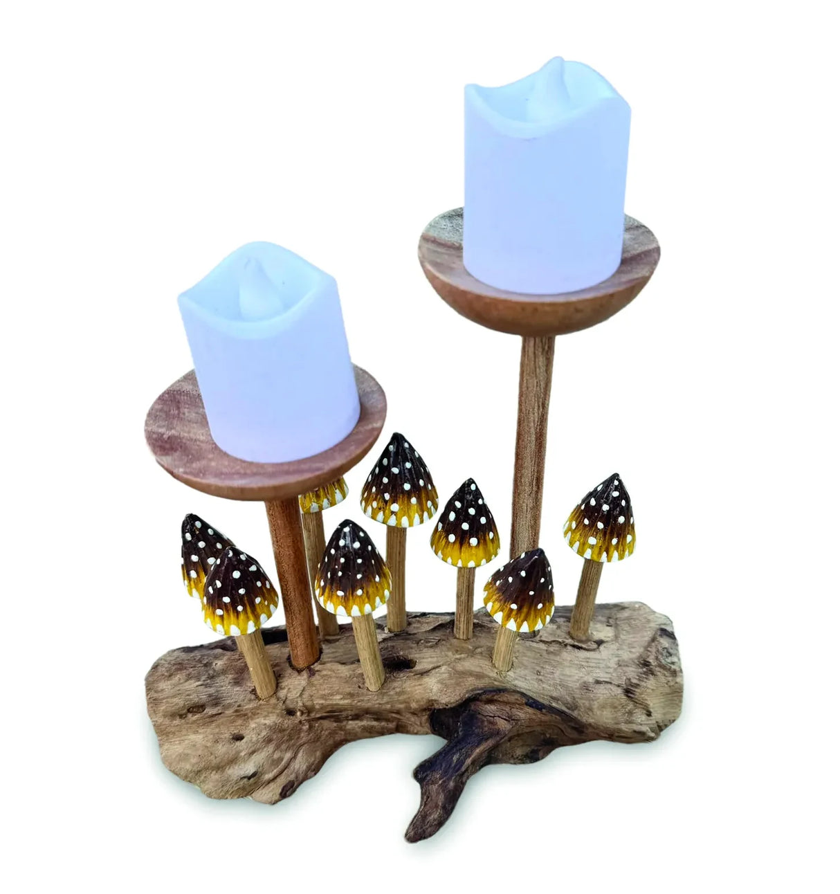 8 POINTED YELLOW CAP MUSHROOMS WITH DOUBLE CANDLE HOLDER