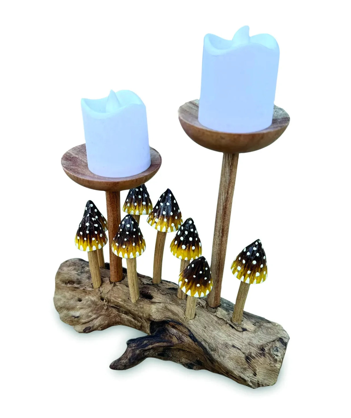 8 POINTED YELLOW CAP MUSHROOMS WITH DOUBLE CANDLE HOLDER