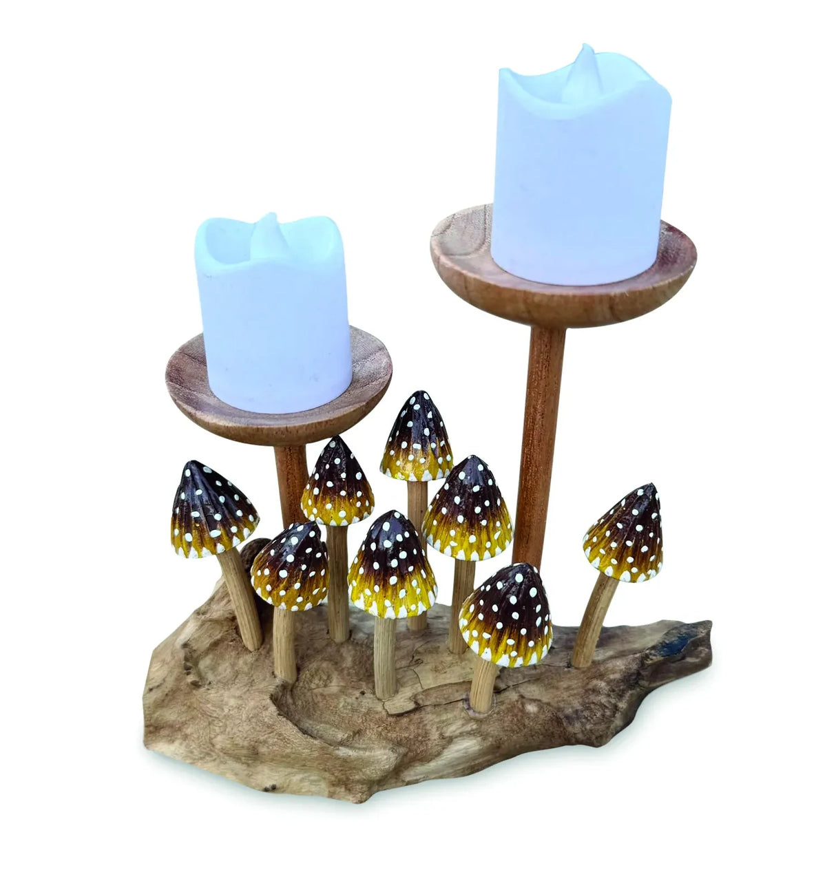 8 POINTED YELLOW CAP MUSHROOMS WITH DOUBLE CANDLE HOLDER