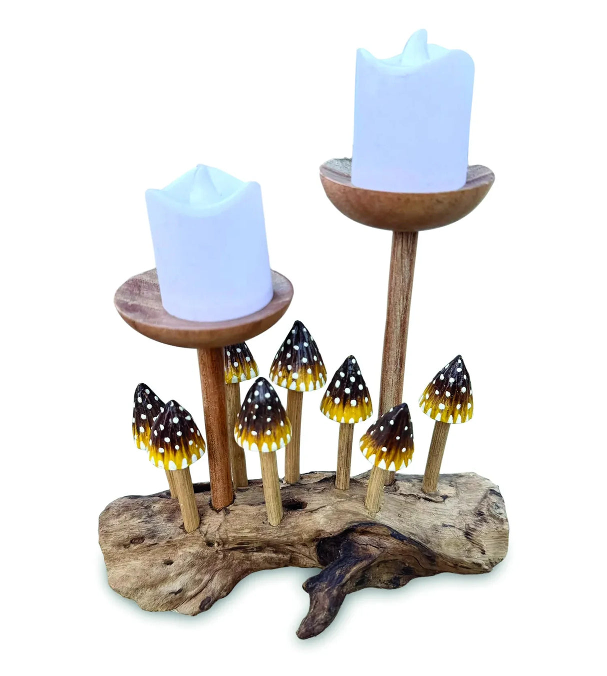 8 POINTED YELLOW CAP MUSHROOMS WITH DOUBLE CANDLE HOLDER