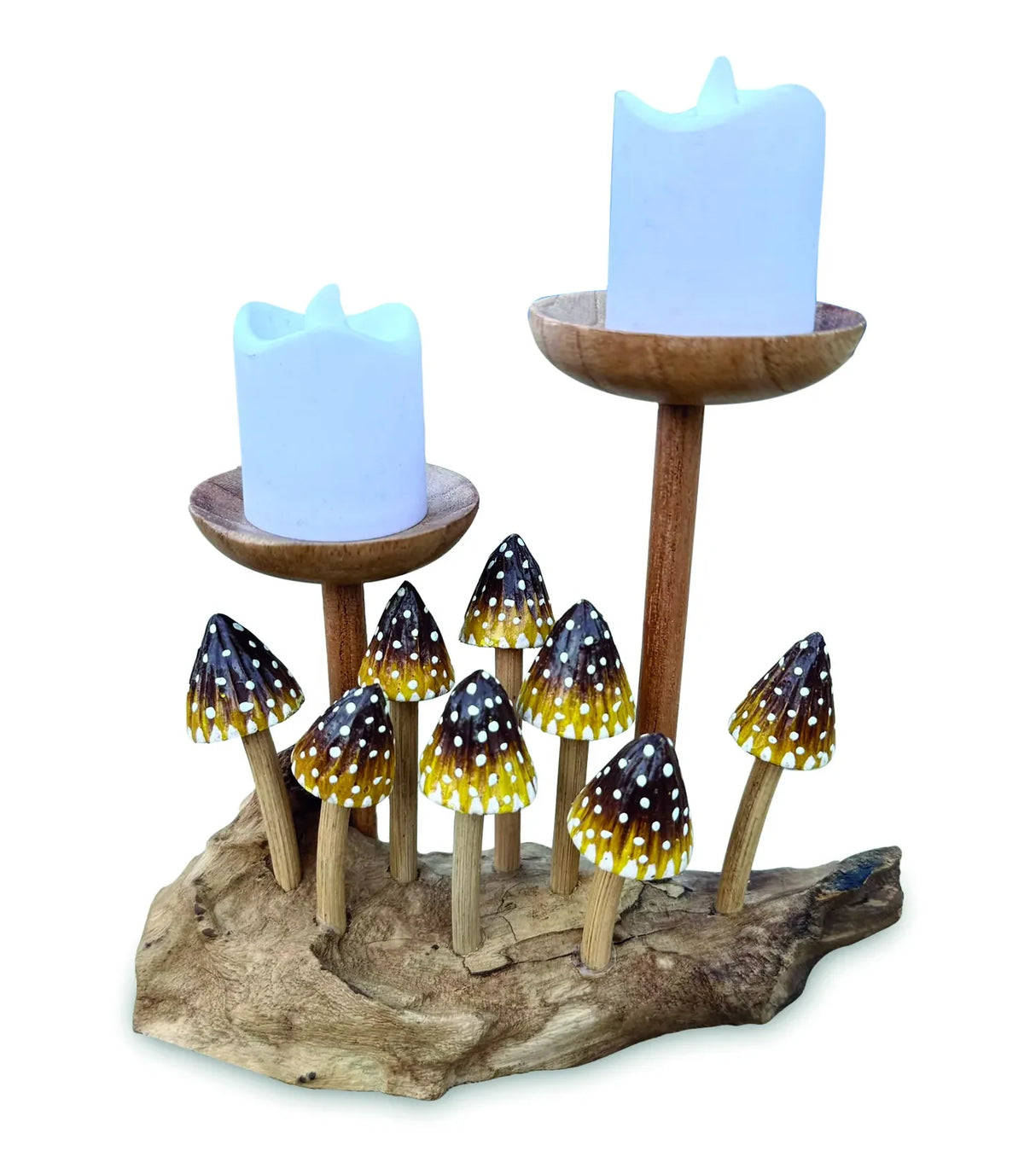 8 POINTED YELLOW CAP MUSHROOMS WITH DOUBLE CANDLE HOLDER