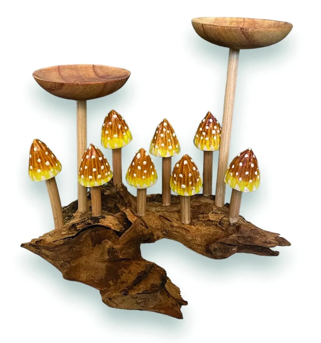 8 POINTED YELLOW CAP MUSHROOMS WITH DOUBLE CANDLE HOLDER