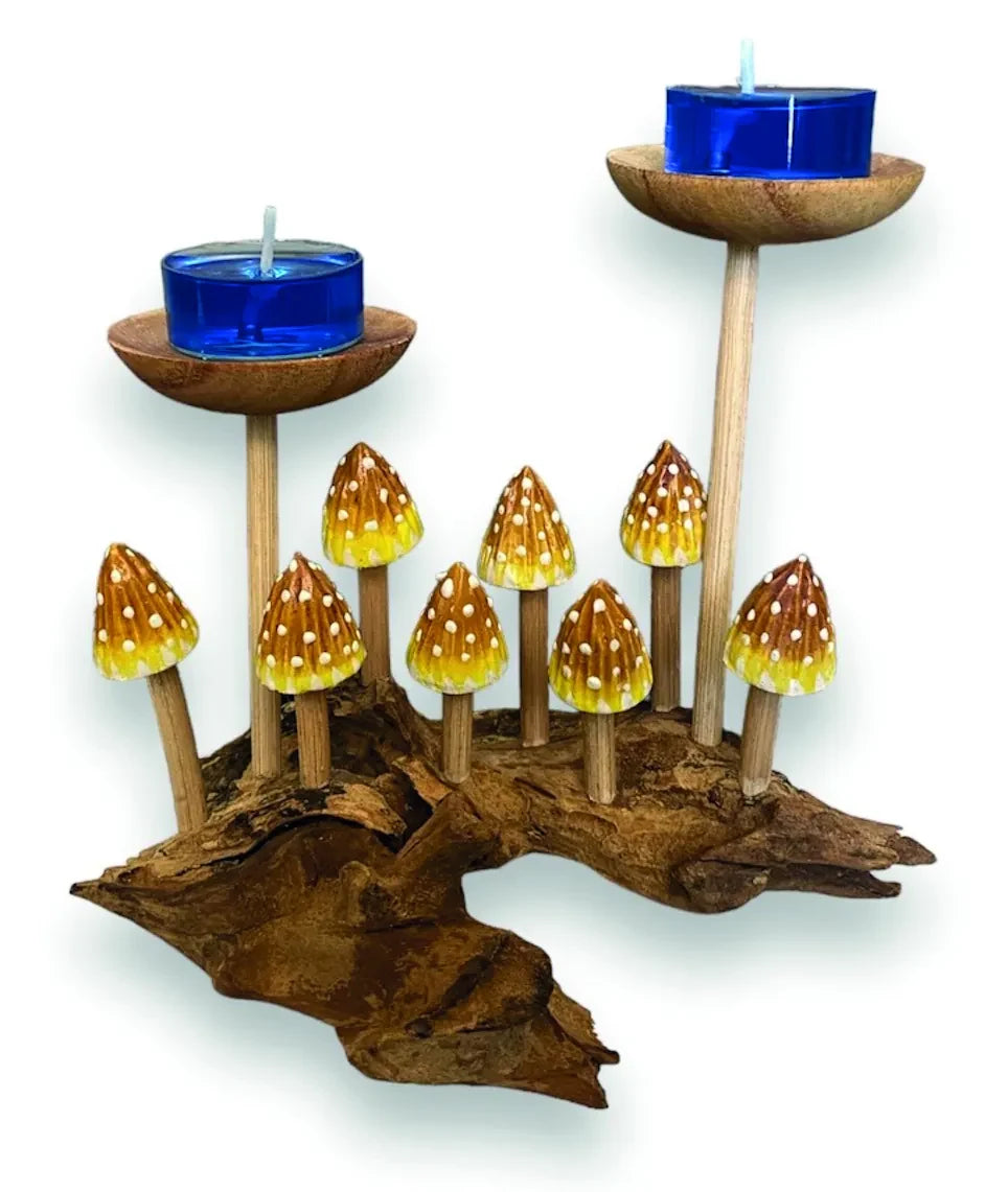 8 POINTED YELLOW CAP MUSHROOMS WITH DOUBLE CANDLE HOLDER
