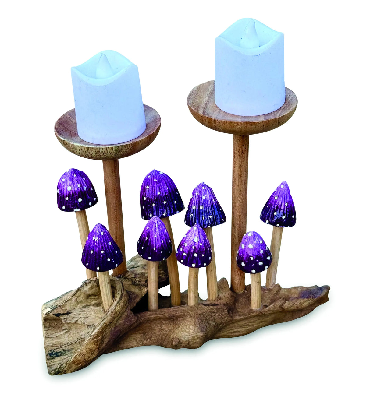 8 VIOLET POINTED CAP MUSHROOMS WITH DOUBLE CANDLE HOLDER
