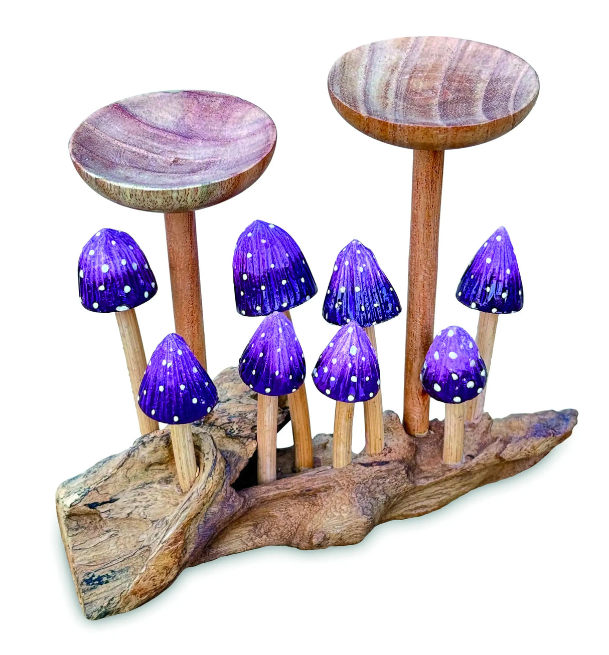 8 VIOLET POINTED CAP MUSHROOMS WITH DOUBLE CANDLE HOLDER