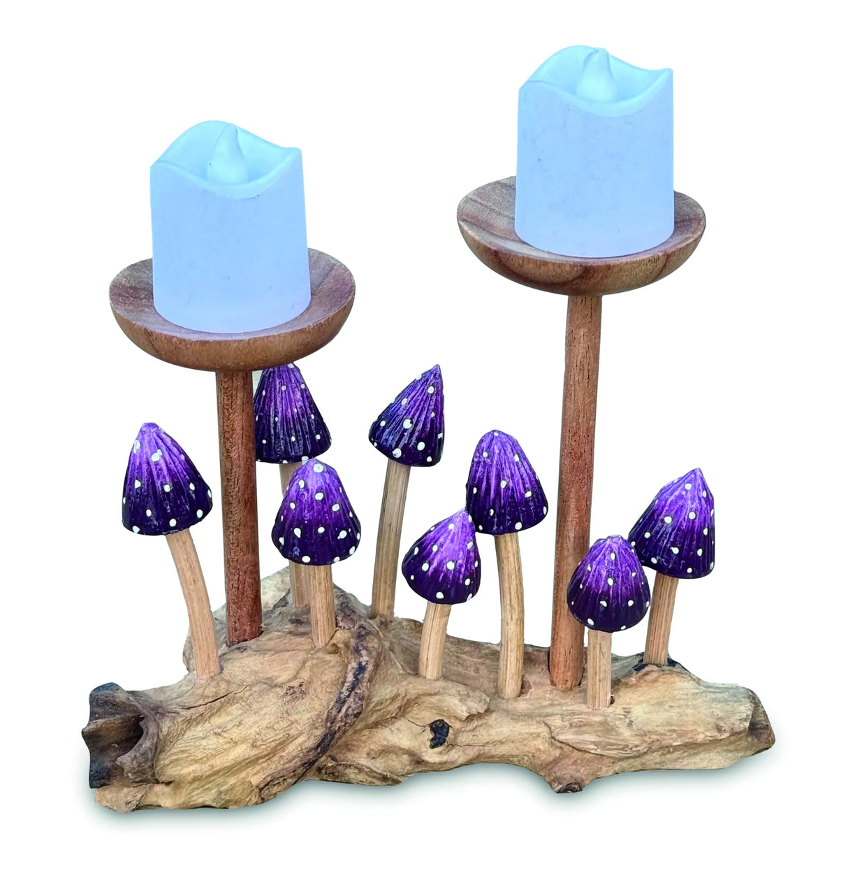 8 VIOLET POINTED CAP MUSHROOMS WITH DOUBLE CANDLE HOLDER