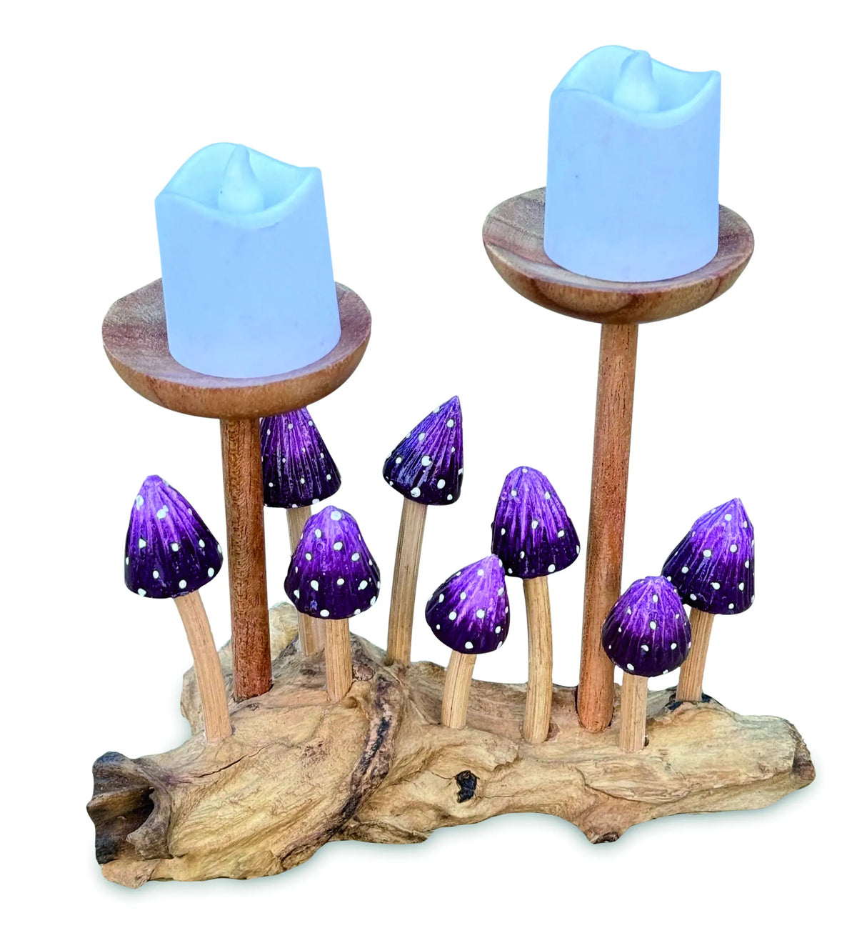 8 VIOLET POINTED CAP MUSHROOMS WITH DOUBLE CANDLE HOLDER