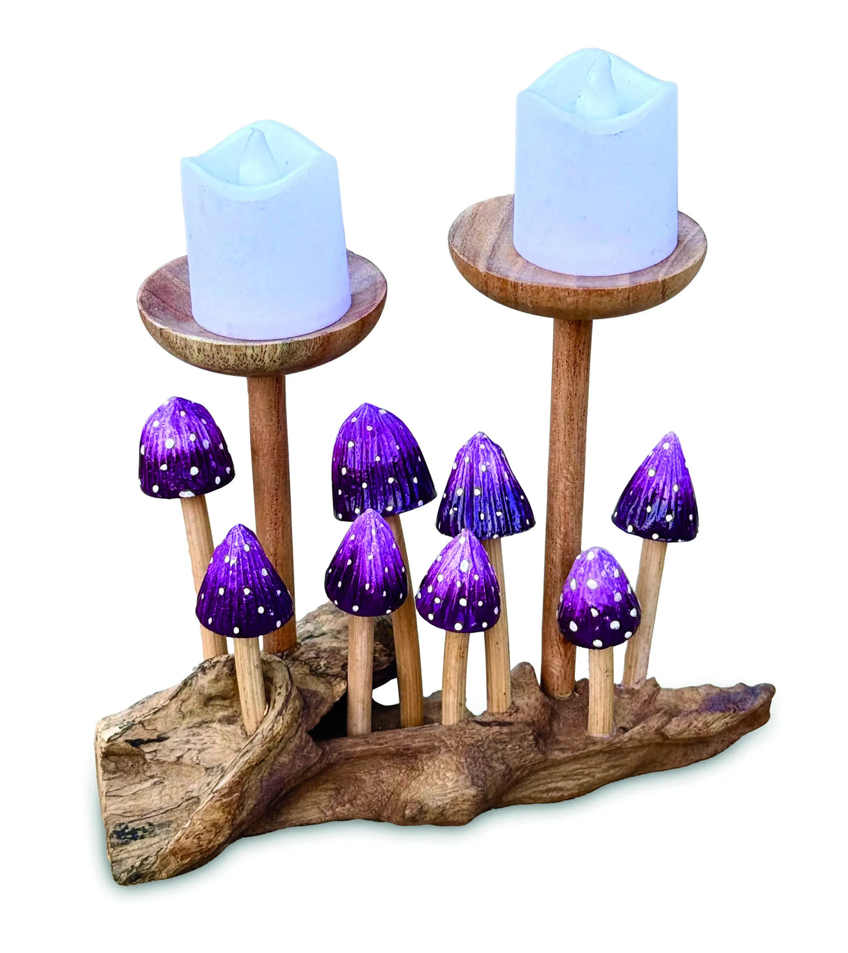 8 VIOLET POINTED CAP MUSHROOMS WITH DOUBLE CANDLE HOLDER