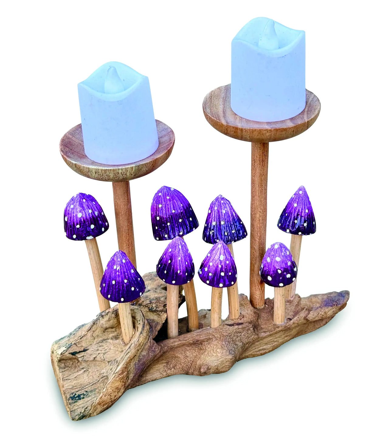 8 VIOLET POINTED CAP MUSHROOMS WITH DOUBLE CANDLE HOLDER