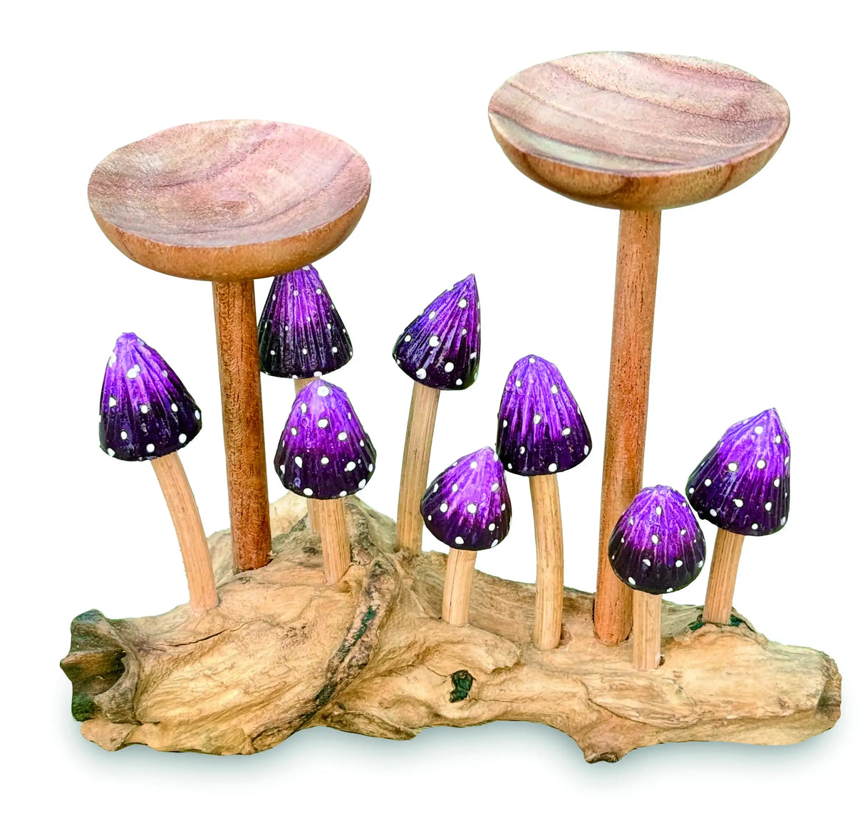8 VIOLET POINTED CAP MUSHROOMS WITH DOUBLE CANDLE HOLDER