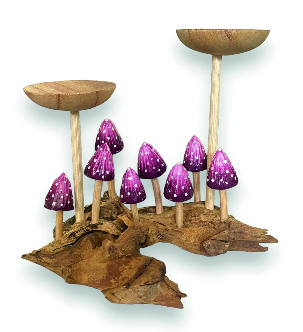 8 VIOLET POINTED CAP MUSHROOMS WITH DOUBLE CANDLE HOLDER