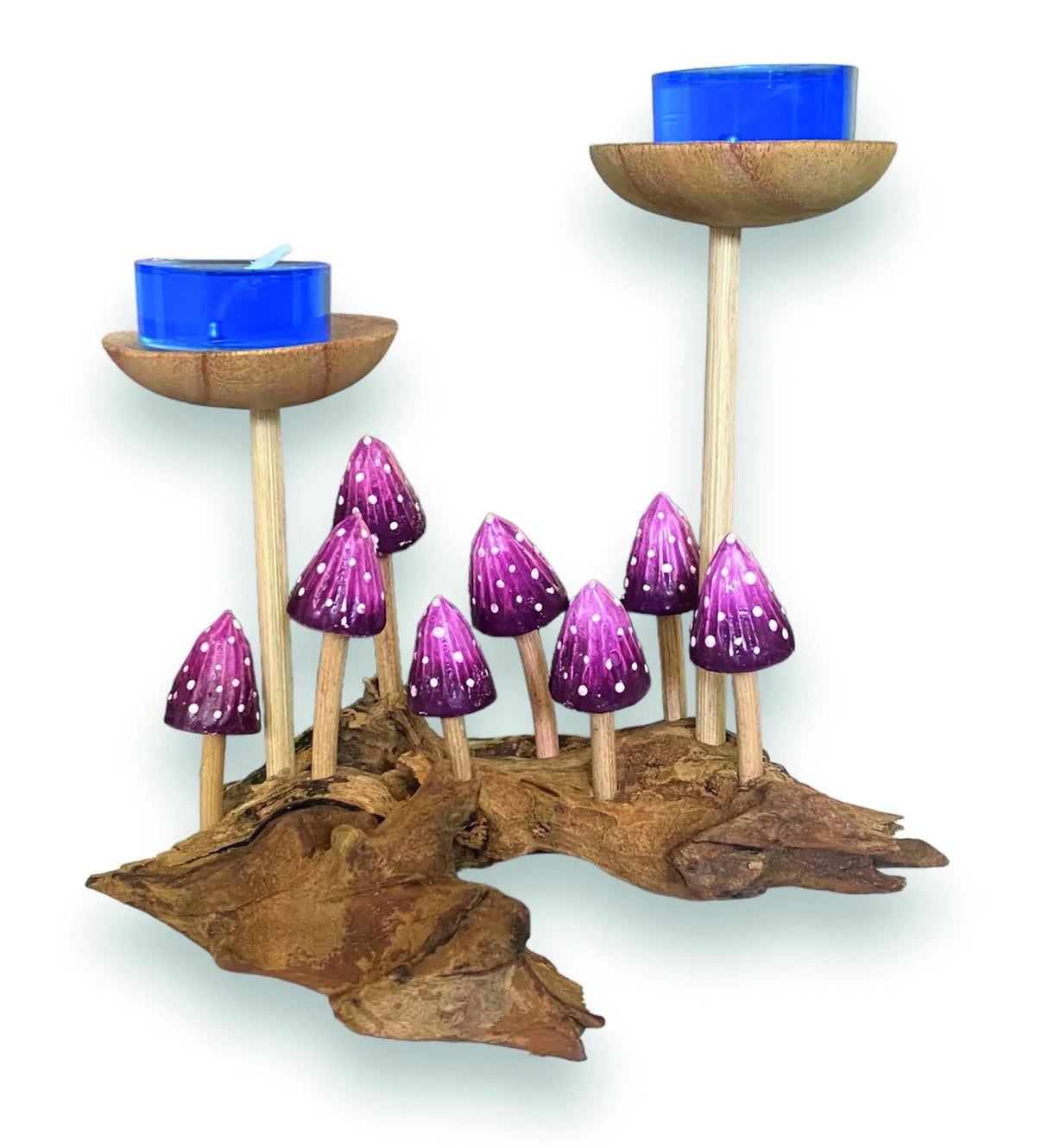 8 VIOLET POINTED CAP MUSHROOMS WITH DOUBLE CANDLE HOLDER