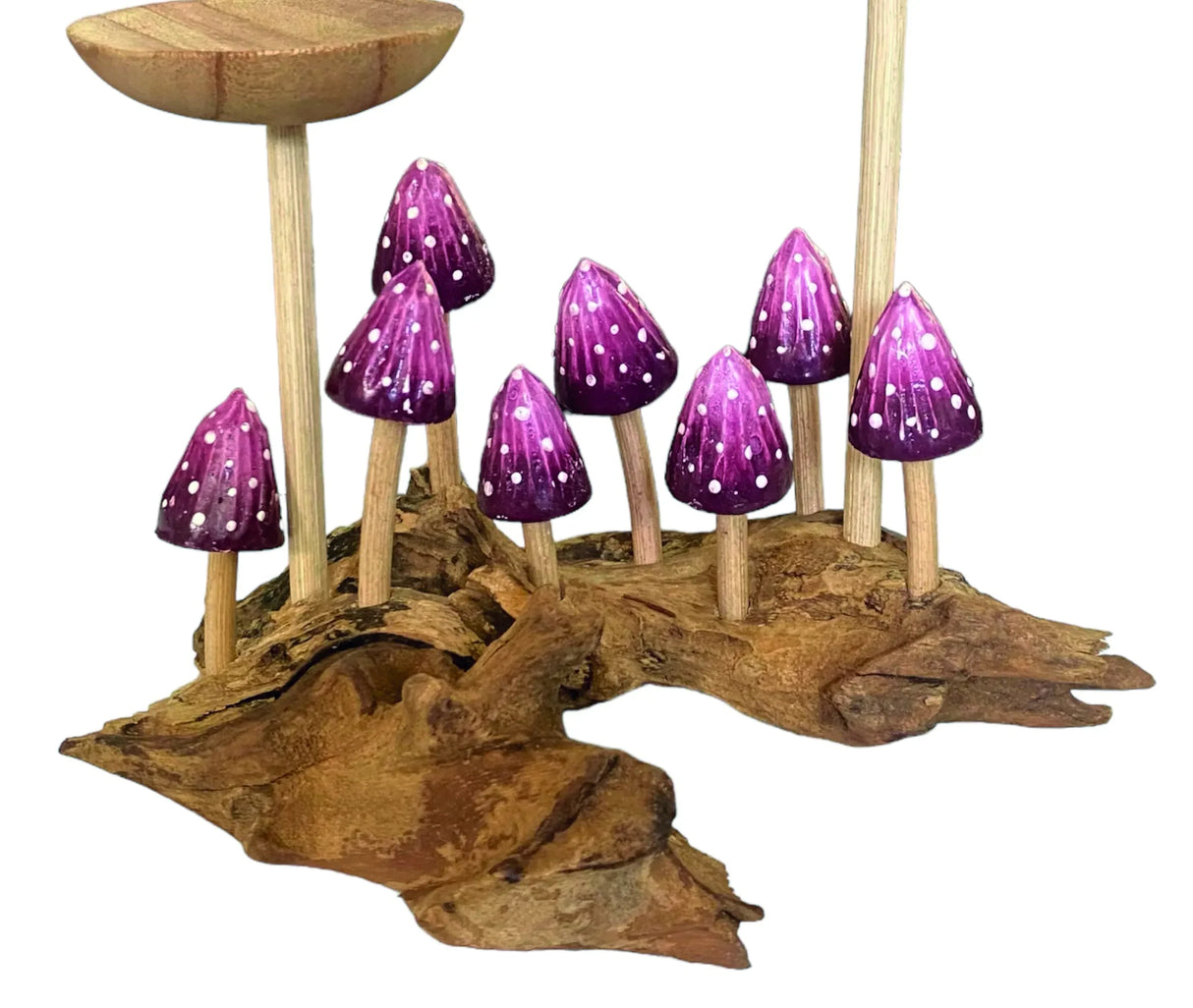8 VIOLET POINTED CAP MUSHROOMS WITH DOUBLE CANDLE HOLDER