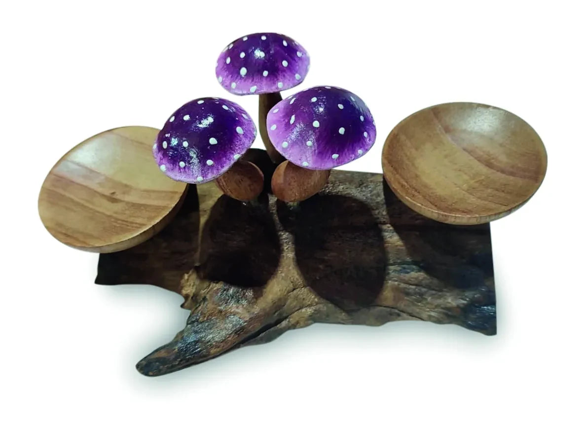 3 VIOLET CLOSED CAP MUSHROOMS WITH DOUBLE DOUBLE CANDLE HOLDERS LOW