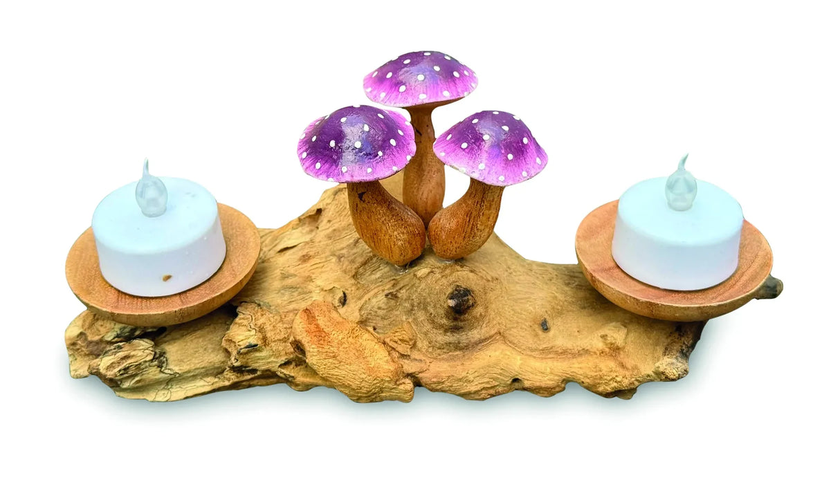3 VIOLET CLOSED CAP MUSHROOMS WITH DOUBLE DOUBLE CANDLE HOLDERS LOW