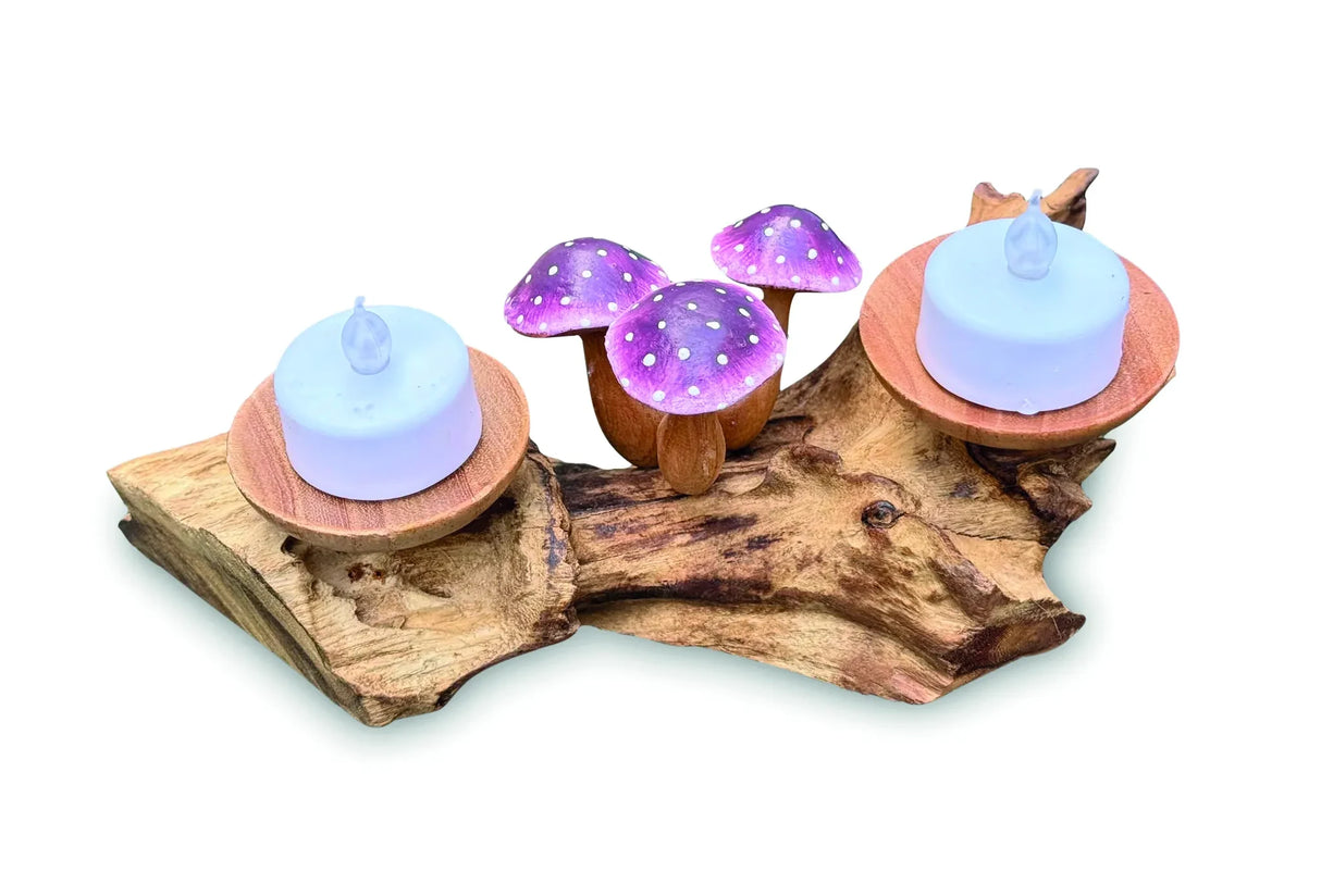 3 VIOLET CLOSED CAP MUSHROOMS WITH DOUBLE DOUBLE CANDLE HOLDERS LOW