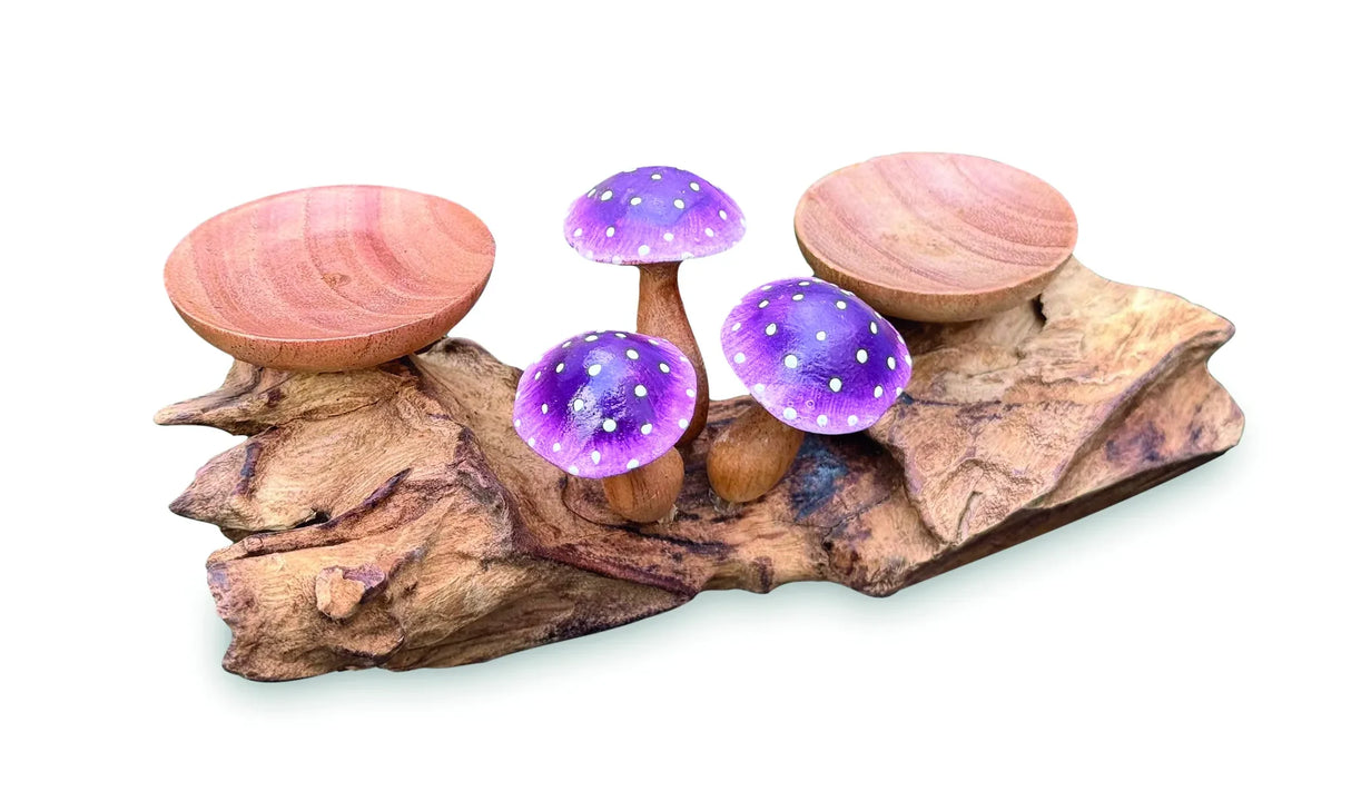 3 VIOLET CLOSED CAP MUSHROOMS WITH DOUBLE DOUBLE CANDLE HOLDERS LOW