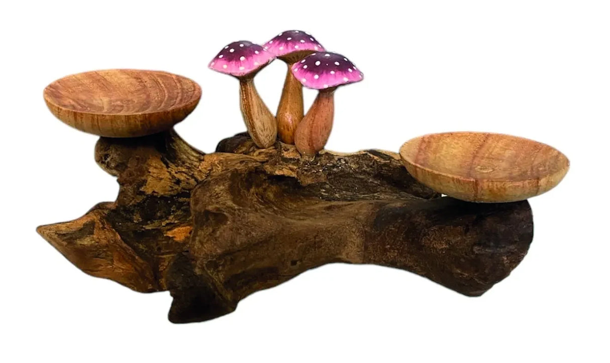 3 VIOLET CLOSED CAP MUSHROOMS WITH DOUBLE DOUBLE CANDLE HOLDERS LOW