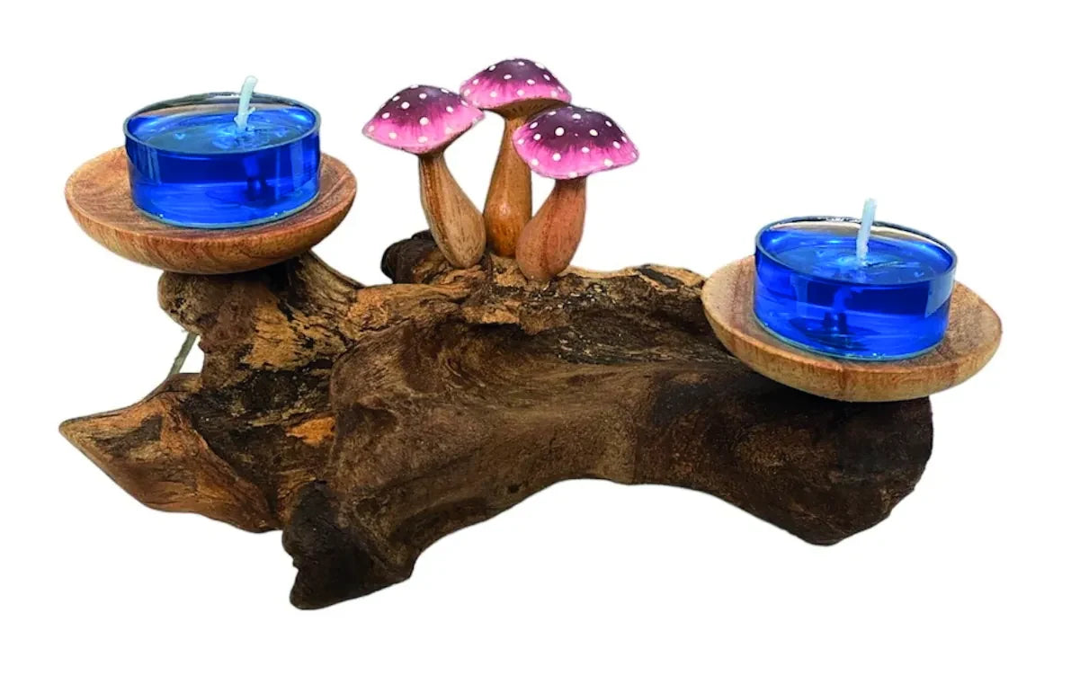 3 VIOLET CLOSED CAP MUSHROOMS WITH DOUBLE DOUBLE CANDLE HOLDERS LOW