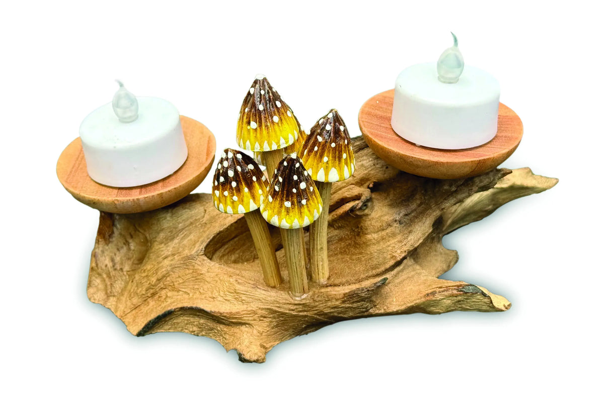 3 POINTED YELLOW CAP MUSHROOMS WITH DOUBLE DOUBLE CANDLE HOLDERS LOW