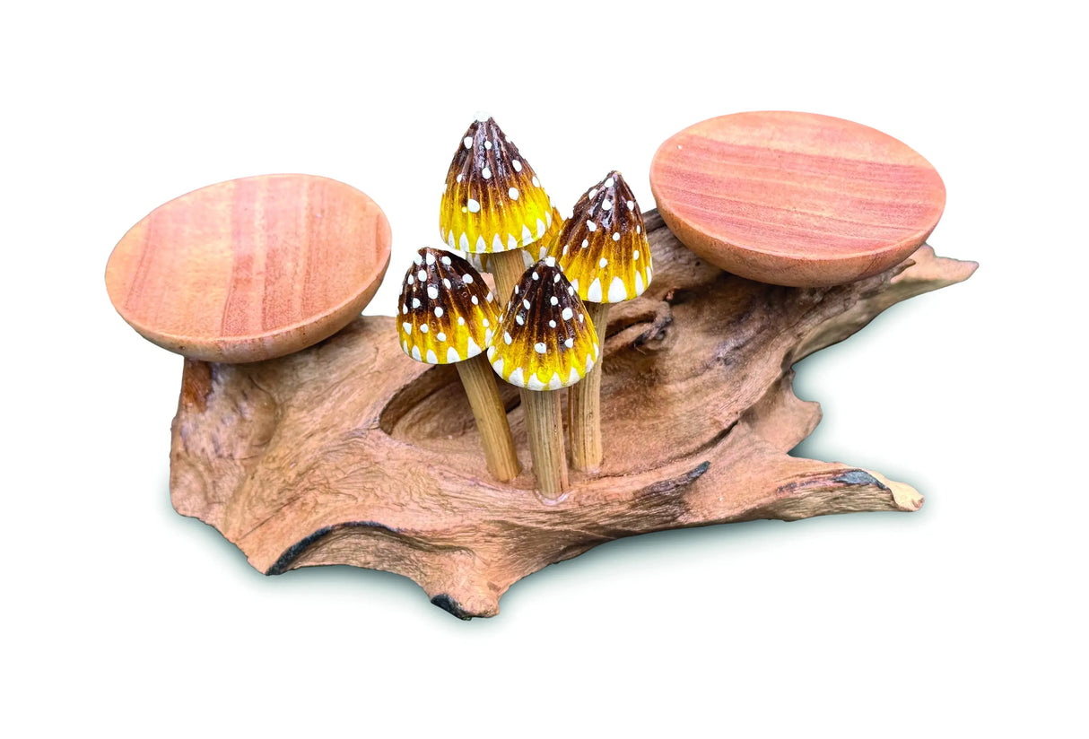 3 POINTED YELLOW CAP MUSHROOMS WITH DOUBLE DOUBLE CANDLE HOLDERS LOW