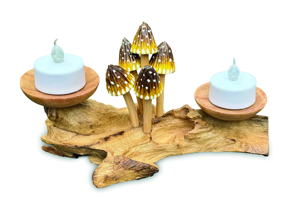 3 POINTED YELLOW CAP MUSHROOMS WITH DOUBLE DOUBLE CANDLE HOLDERS LOW